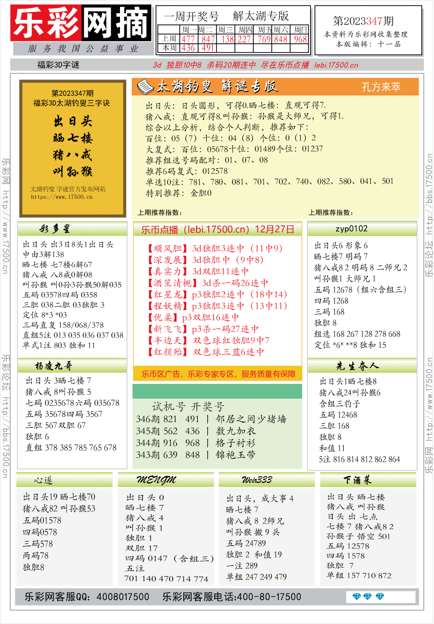 福彩3D第2023347期★字谜总汇★预测版★解太湖