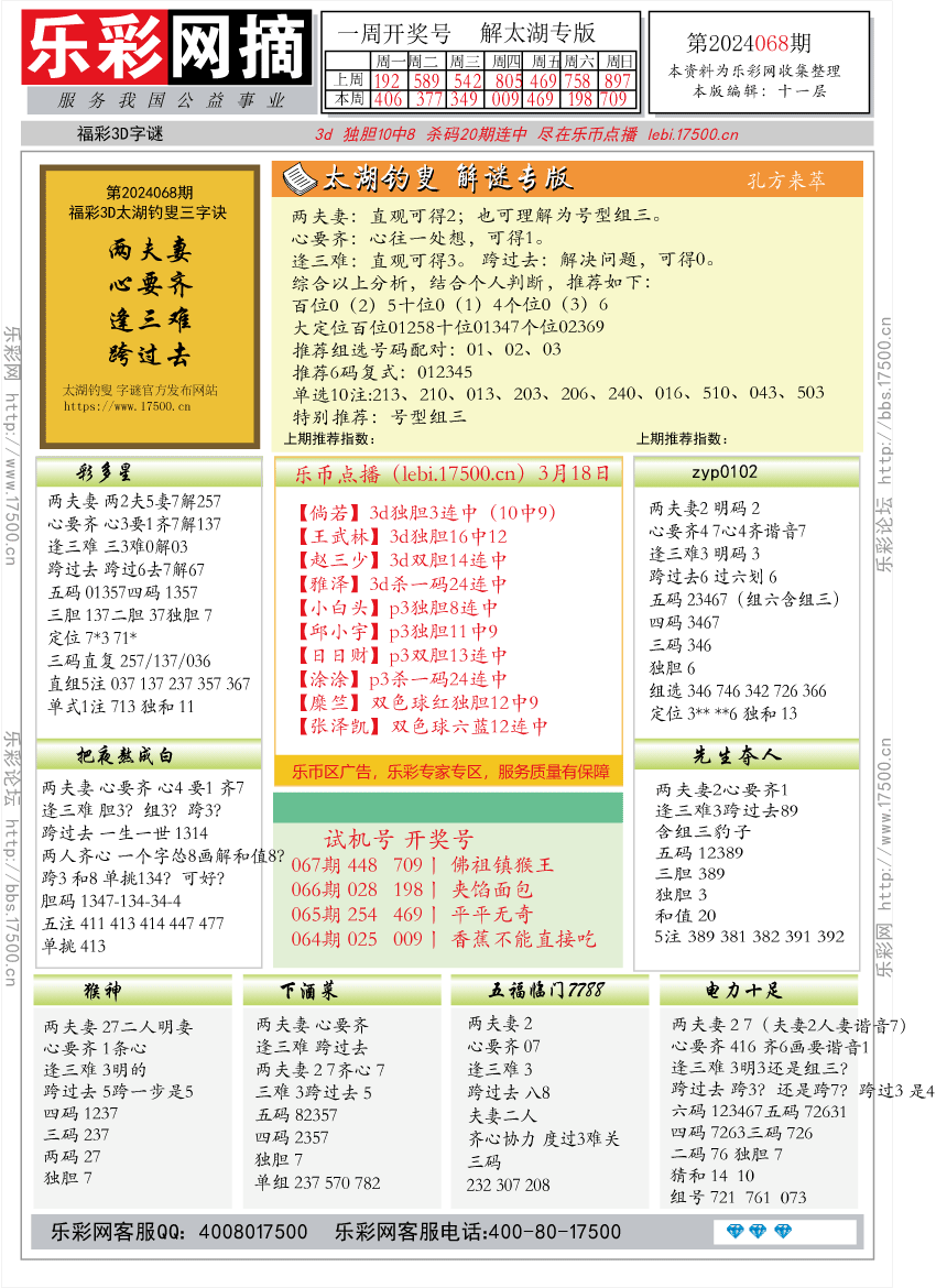 福彩3D第2024068期★字谜总汇★预测版★解太湖