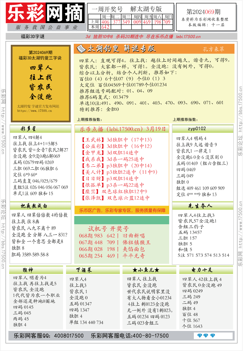 福彩3D第2024069期★字谜总汇★预测版★解太湖