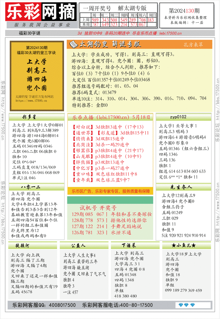 福彩3D第2024130期★字谜总汇★预测版★解太湖