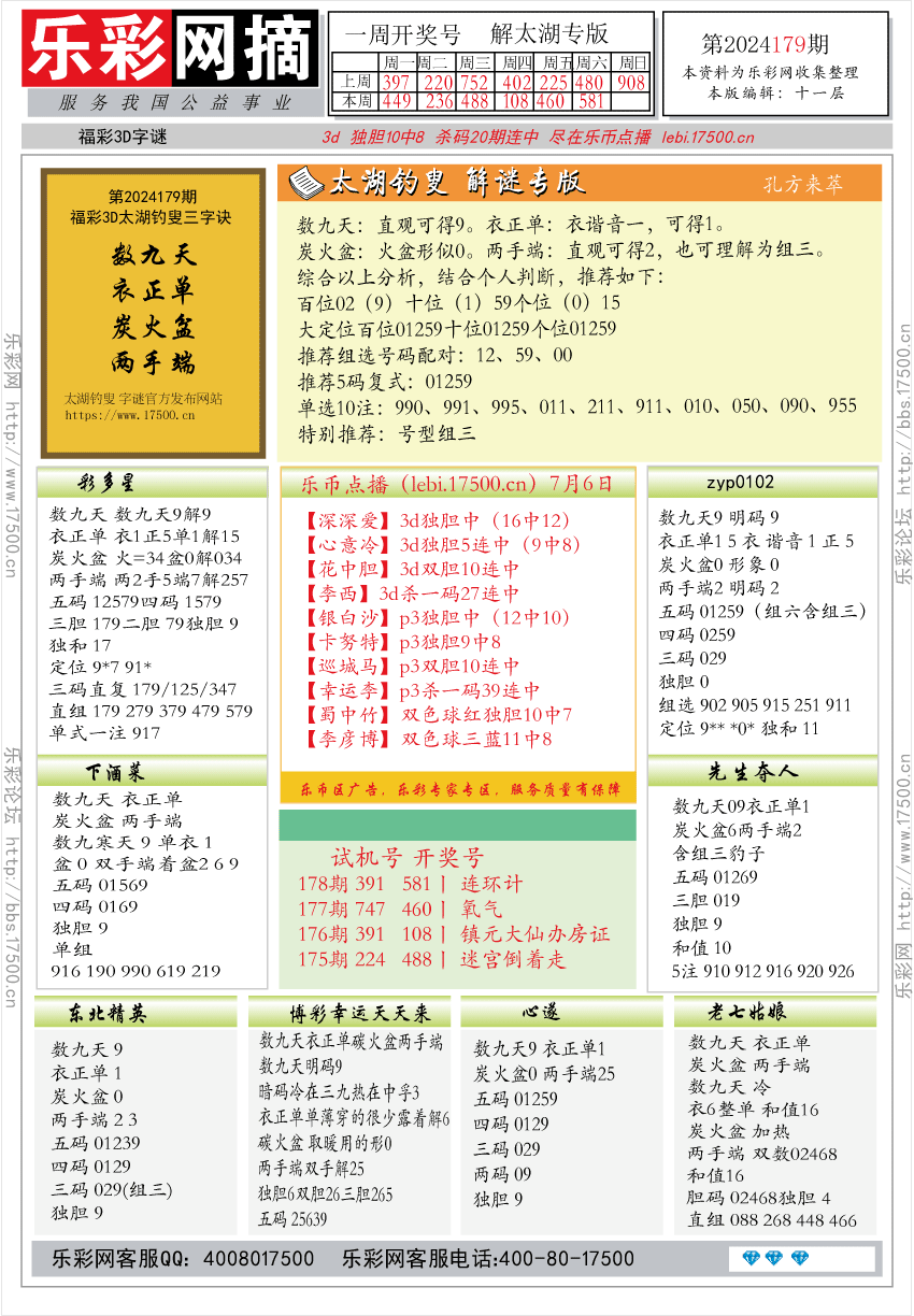 福彩3D第2024179期★字谜总汇★预测版★解太湖