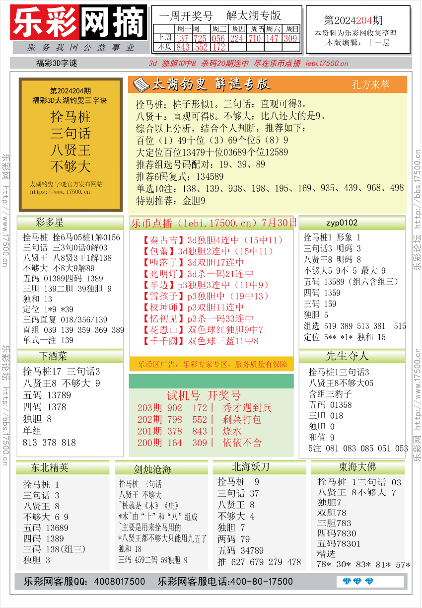 福彩3D第2024204期★字谜总汇★预测版★解太湖