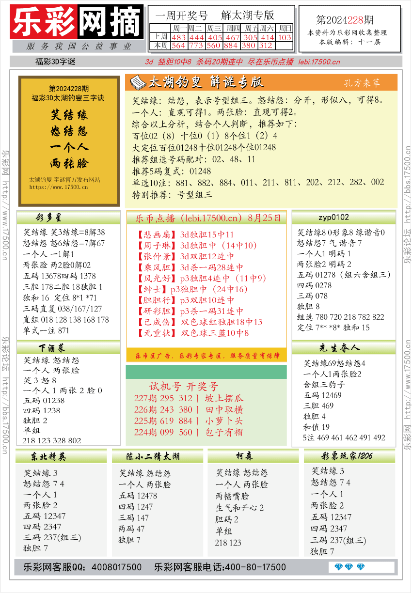 福彩3D第2024228期★字谜总汇★预测版★解太湖