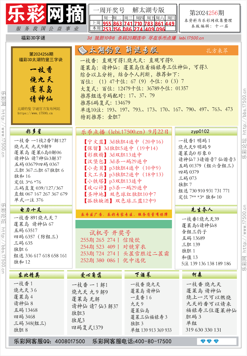 福彩3D第2024256期★字谜总汇★预测版★解太湖