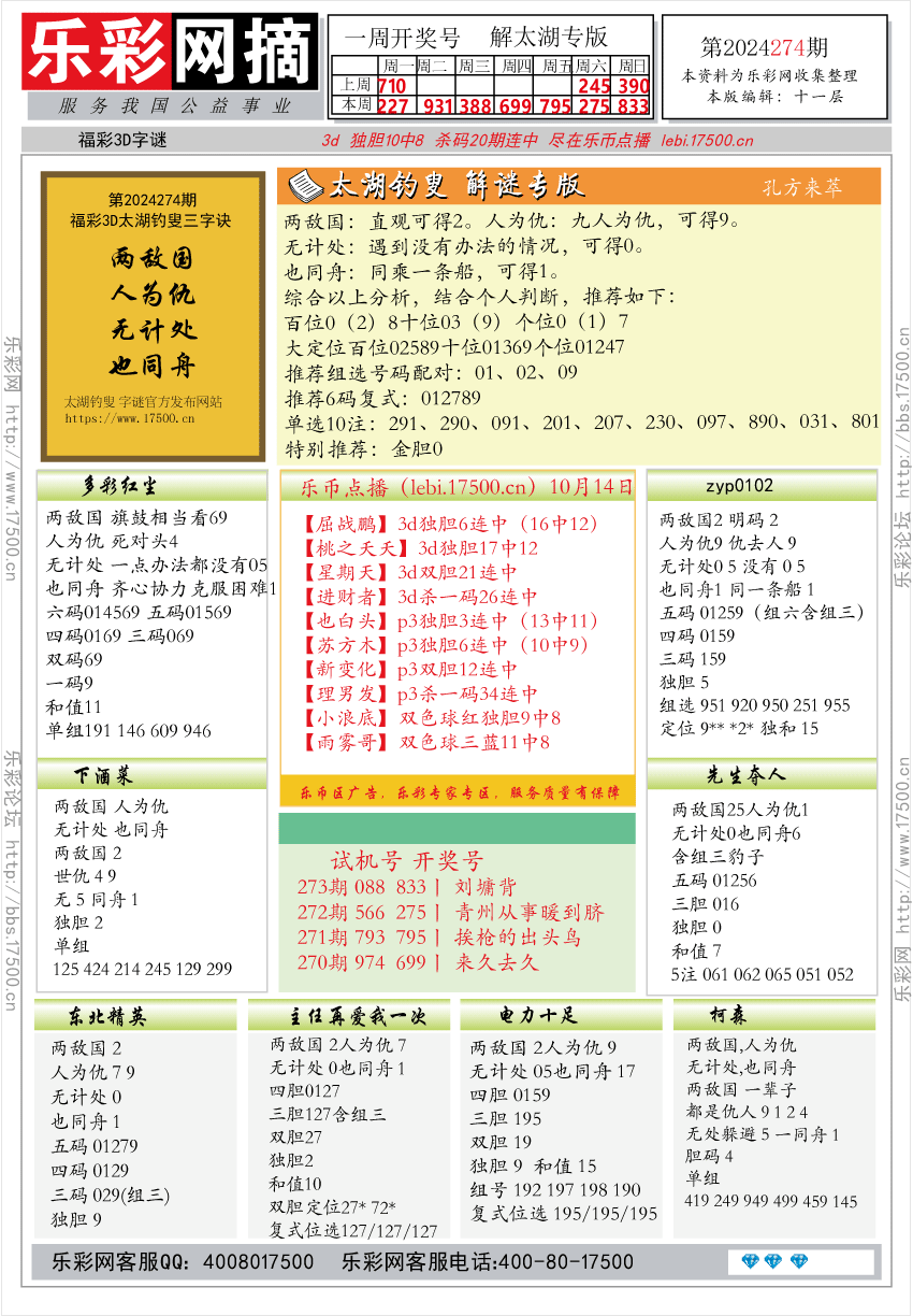 福彩3D第2024274期★字谜总汇★预测版★解太湖