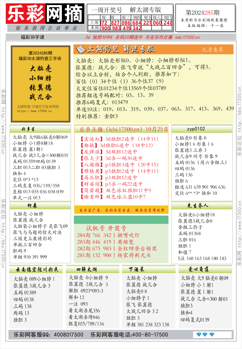 福彩3D第2024285期★字谜总汇★预测版★解太湖