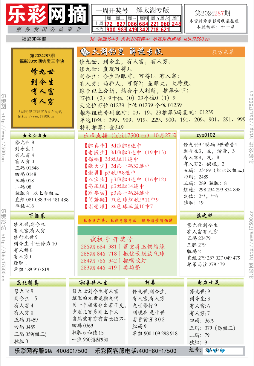 福彩3D第2024287期★字谜总汇★预测版★解太湖