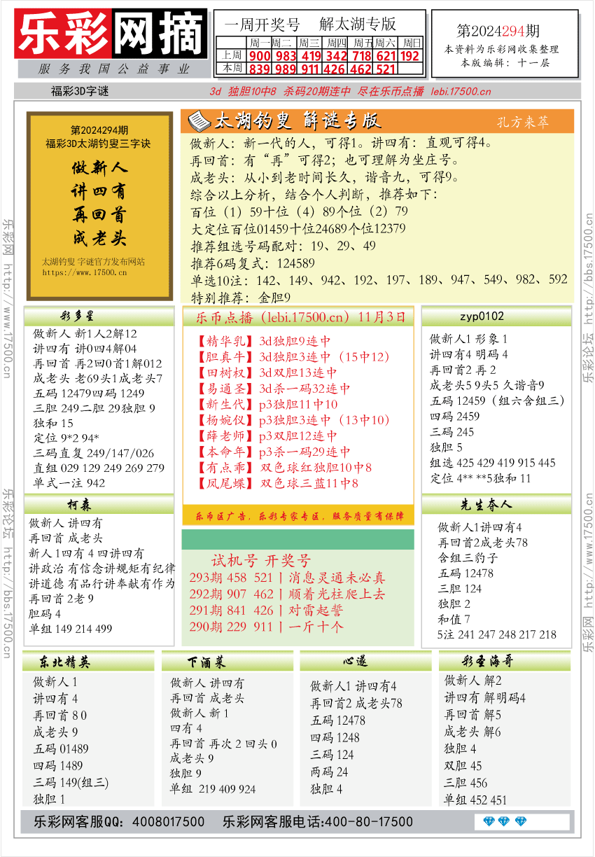 福彩3D第2024294期★字谜总汇★预测版★解太湖