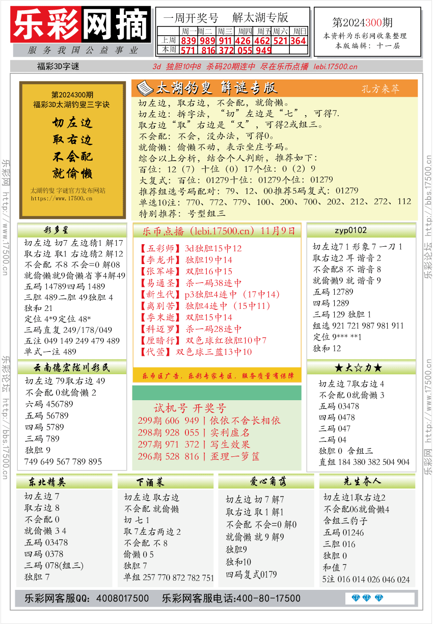 福彩3D第2024300期★字谜总汇★预测版★解太湖