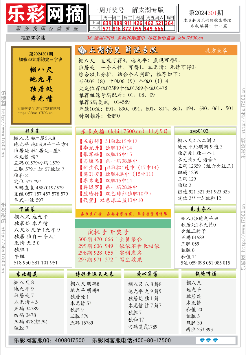 福彩3D第2024301期字谜总汇★预测版★解太湖