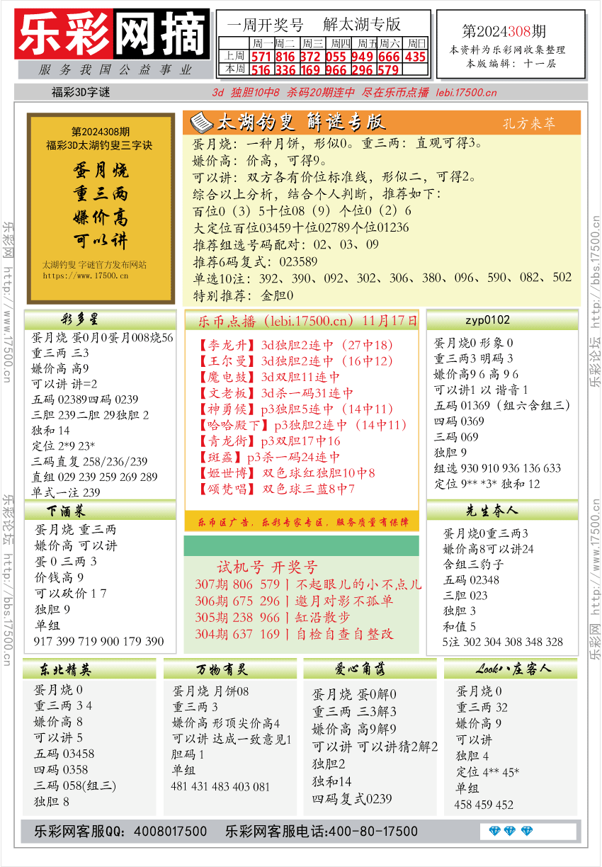 福彩3D第2024308期★字谜总汇★预测版★解太湖