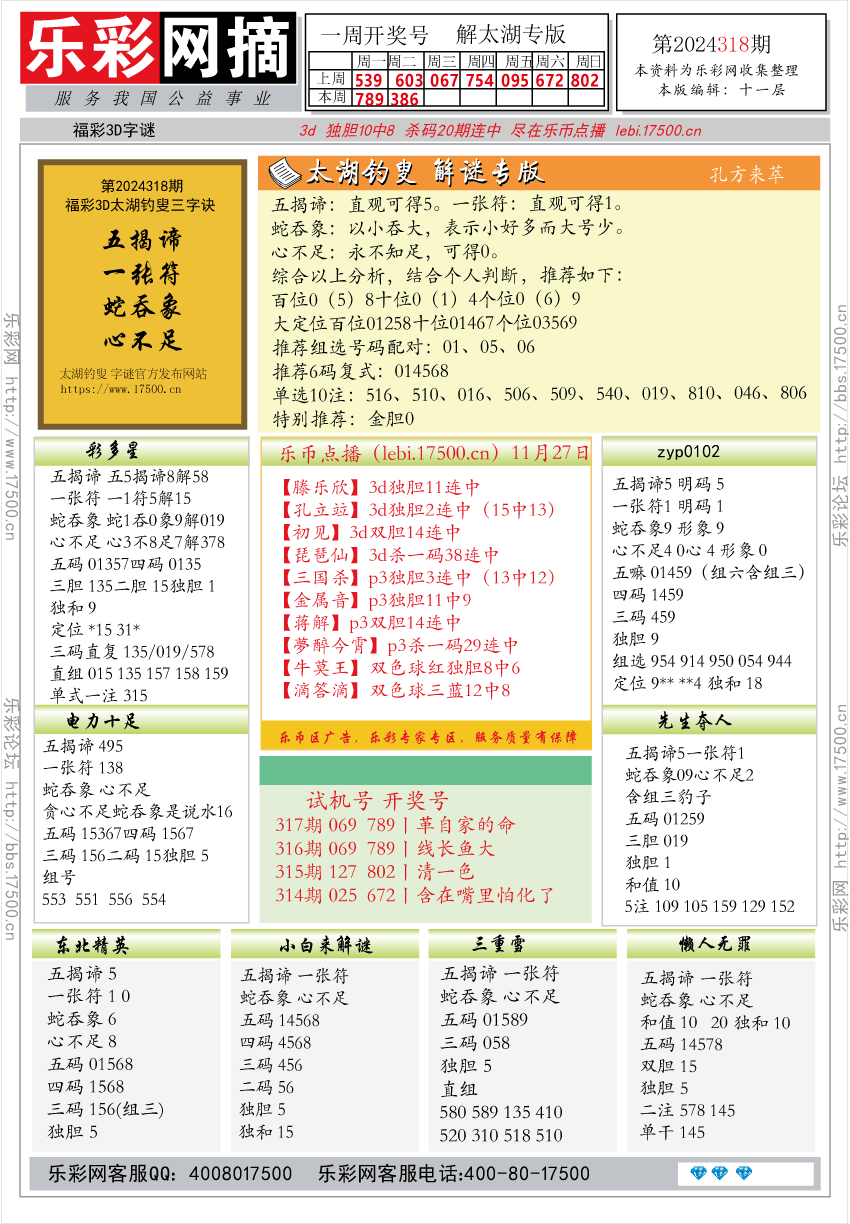 福彩3D第2024318期★字谜总汇★预测版★解太湖