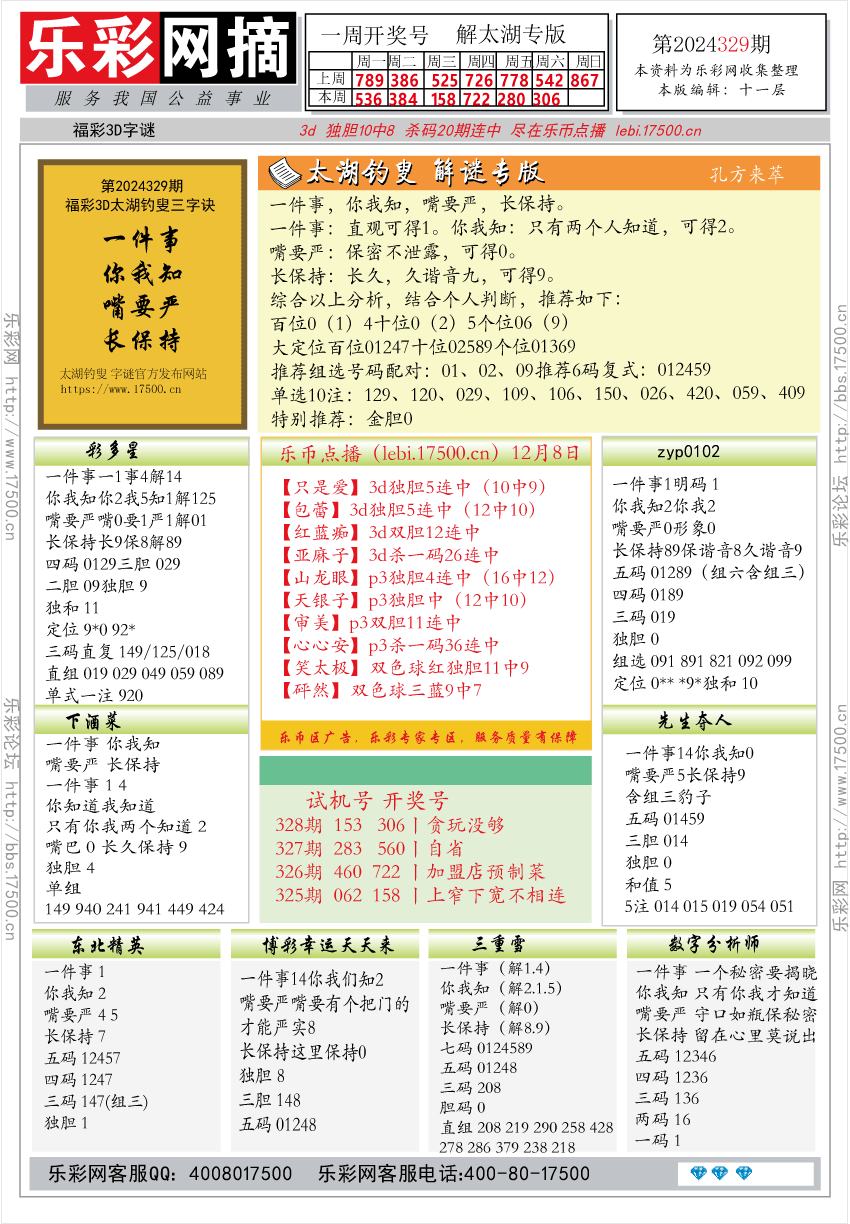 福彩3D第2024329期★字谜总汇★解太湖★预测