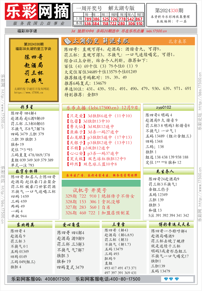 福彩3D第2024330期★字谜总汇★解太湖★预测