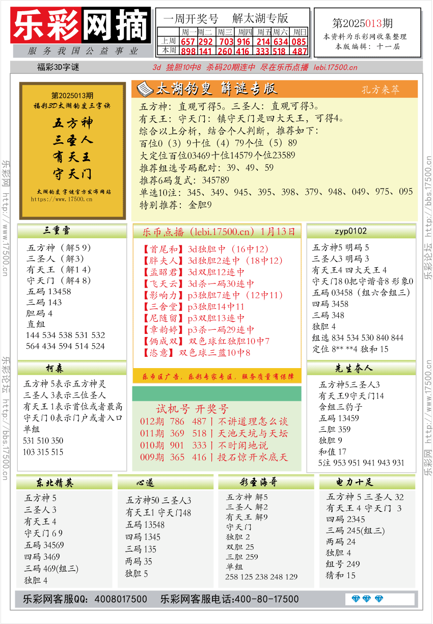 福彩3D第2025013期★字谜总汇★预测★解太湖