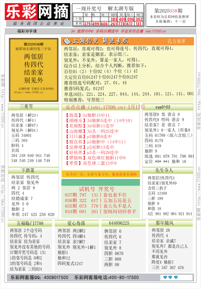 福彩3D第2025038期★字谜总汇★预测★解太湖