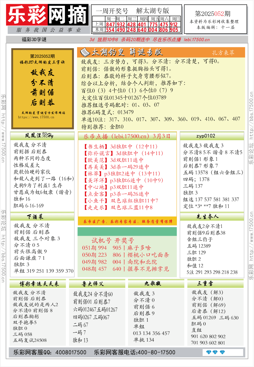 福彩3D第2025052期★字谜总汇★预测★解太湖