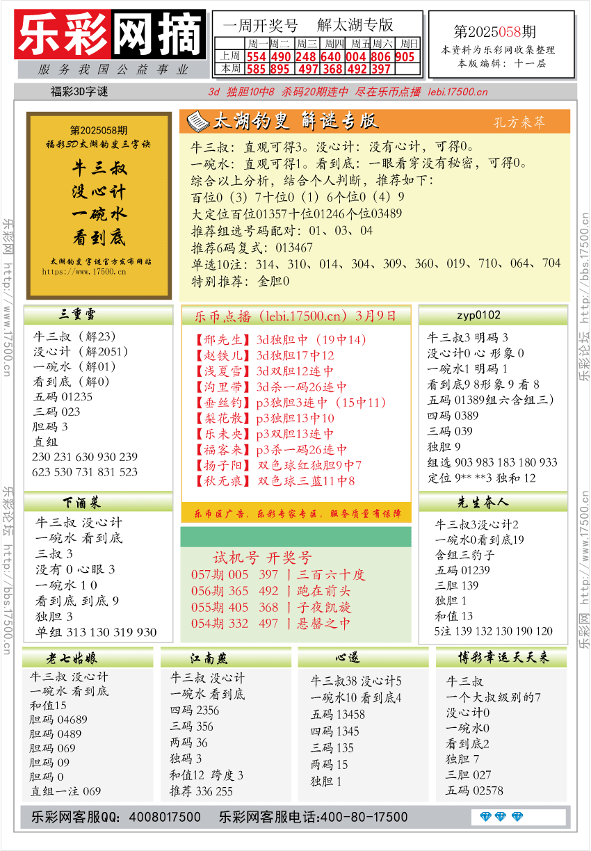 福彩3D第2025058期★字谜总汇★预测★解太湖