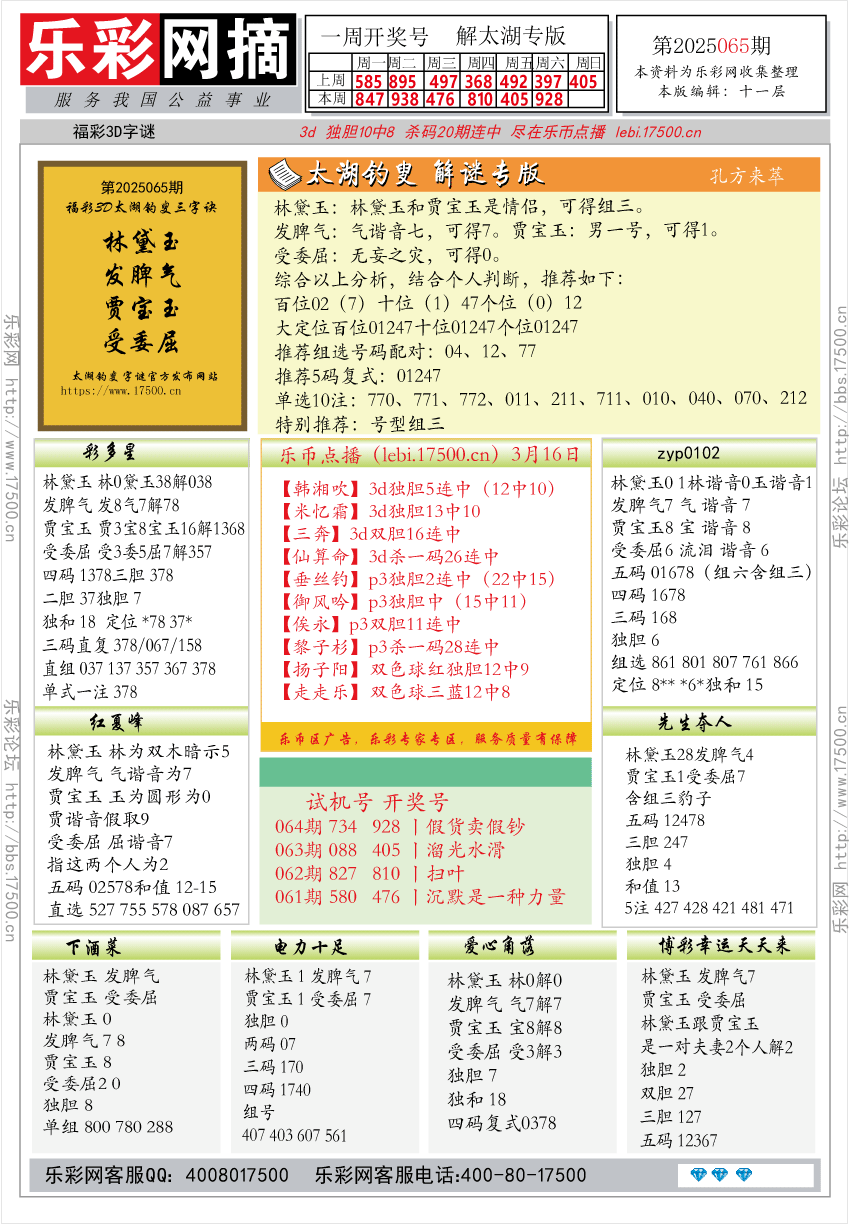 福彩3D第2025065期★字谜总汇★解太湖★预测 