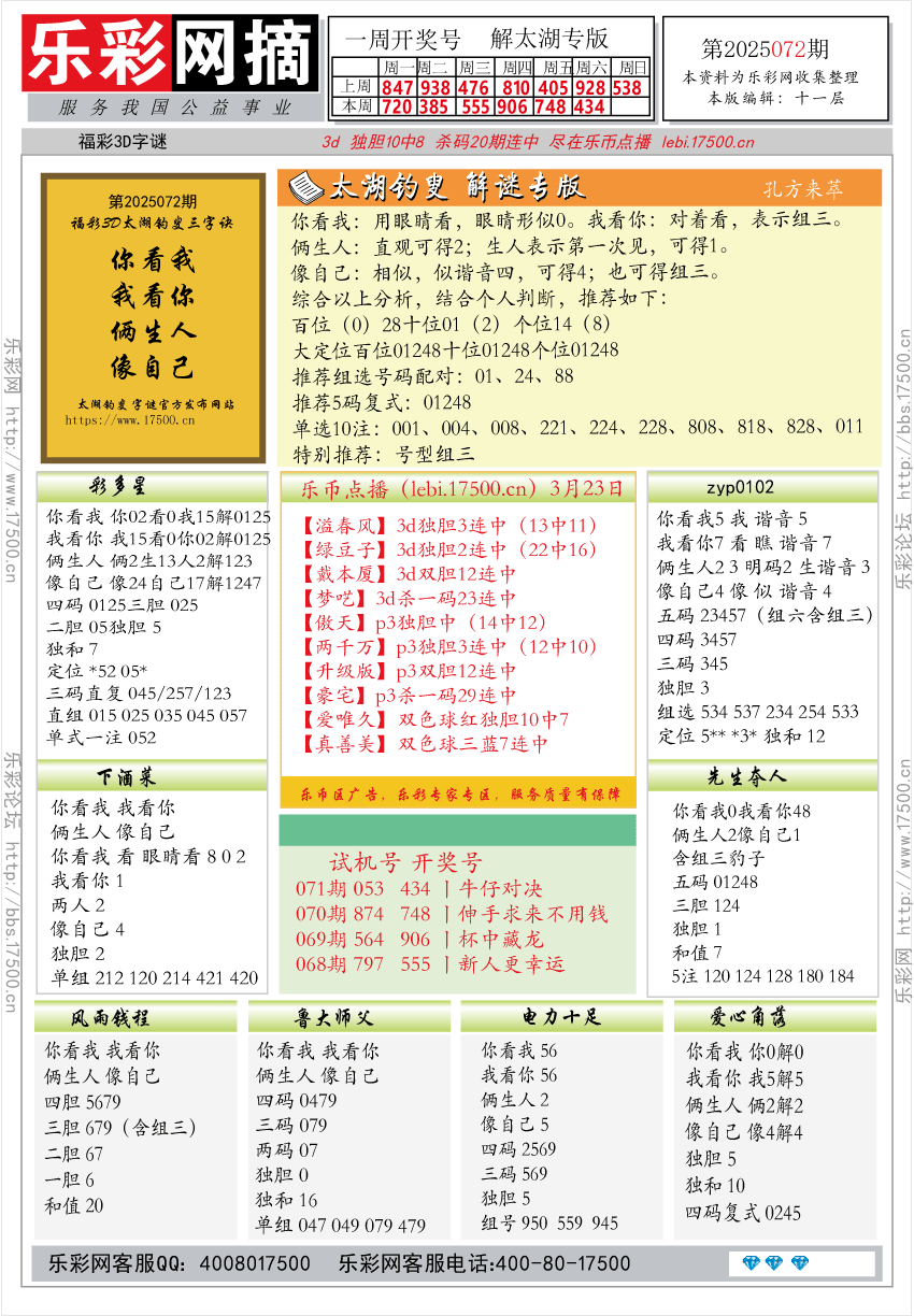 福彩3D第2025072期★字谜总汇★解太湖★预测