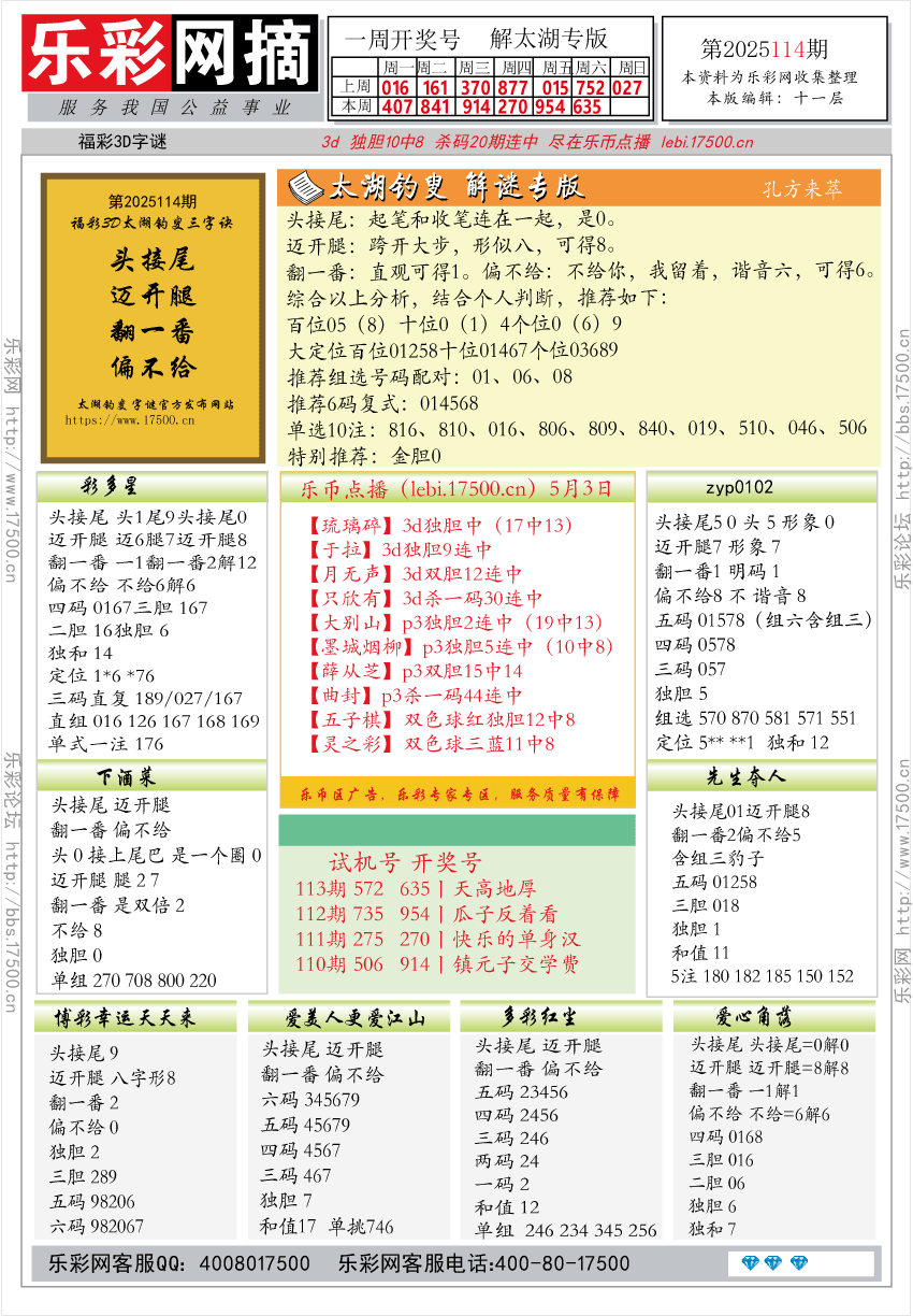 福彩3D第2025114期★字谜总汇★预测★解太湖