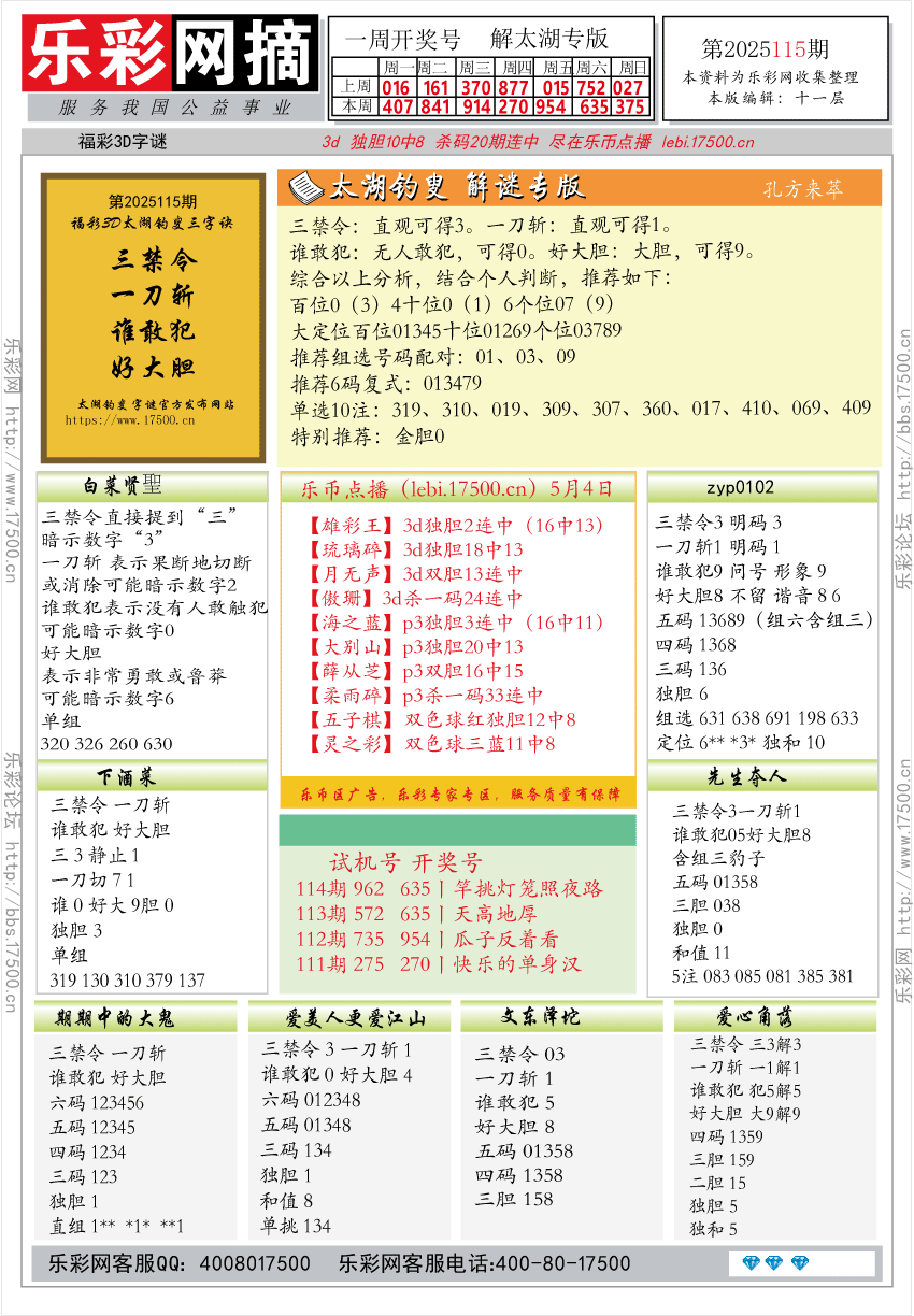 福彩3D第2025115期★字谜总汇★预测★解太湖