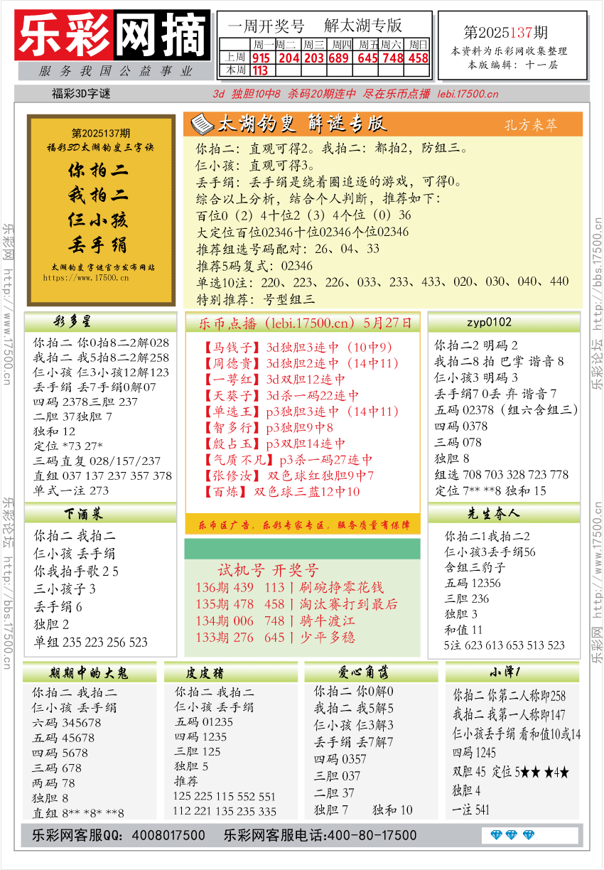 福彩3D第2025137期★字谜总汇★预测★解太湖