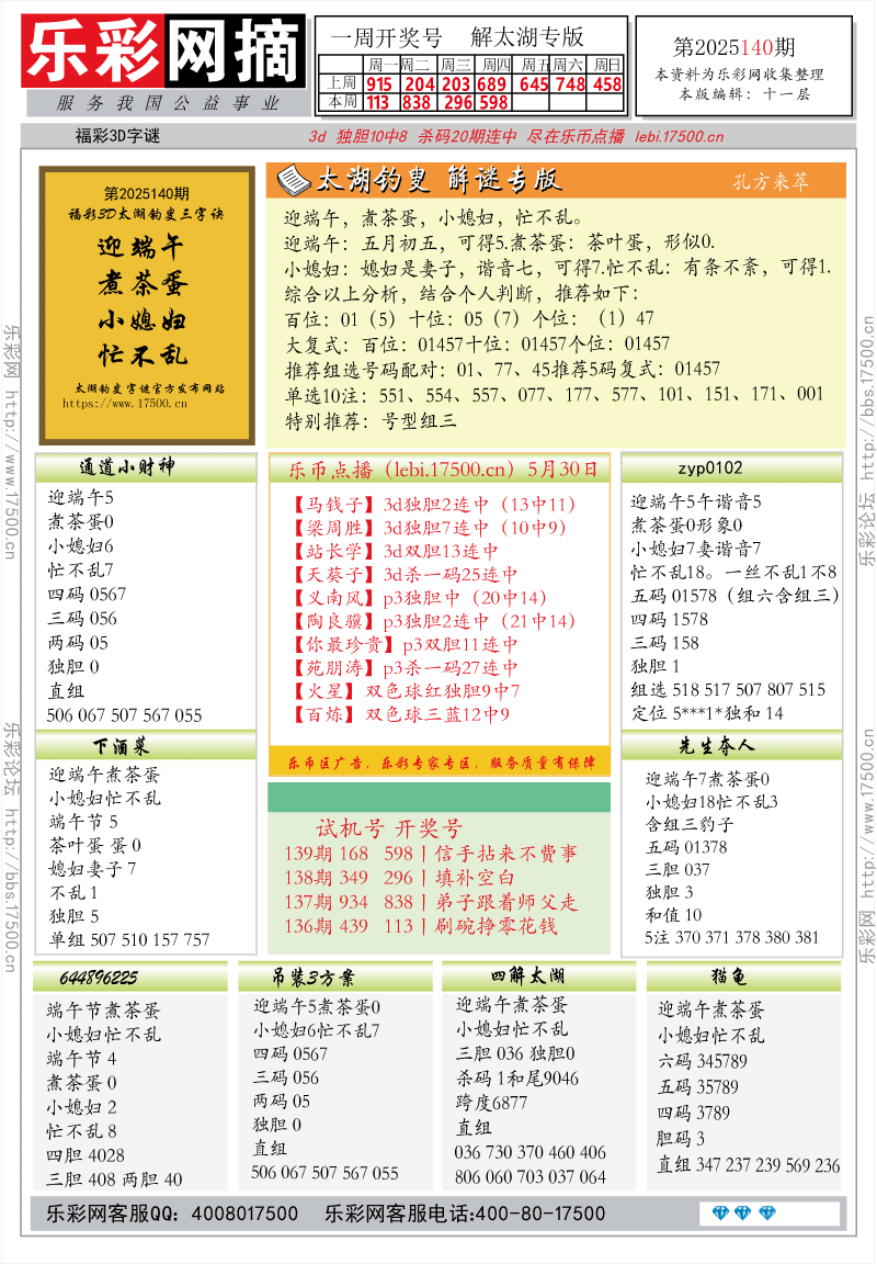 福彩3D第2025140期★字谜总汇★解太湖★预测 