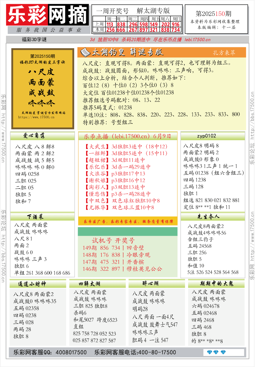 福彩3D第2025150期★字谜总汇★预测★解太湖