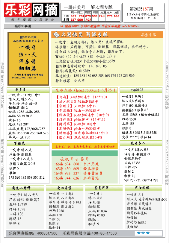 福彩3D第2025167期★字谜总汇★预测★解太湖