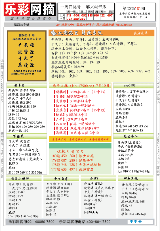 福彩3D第2025181期★字谜总汇★预测★解太湖