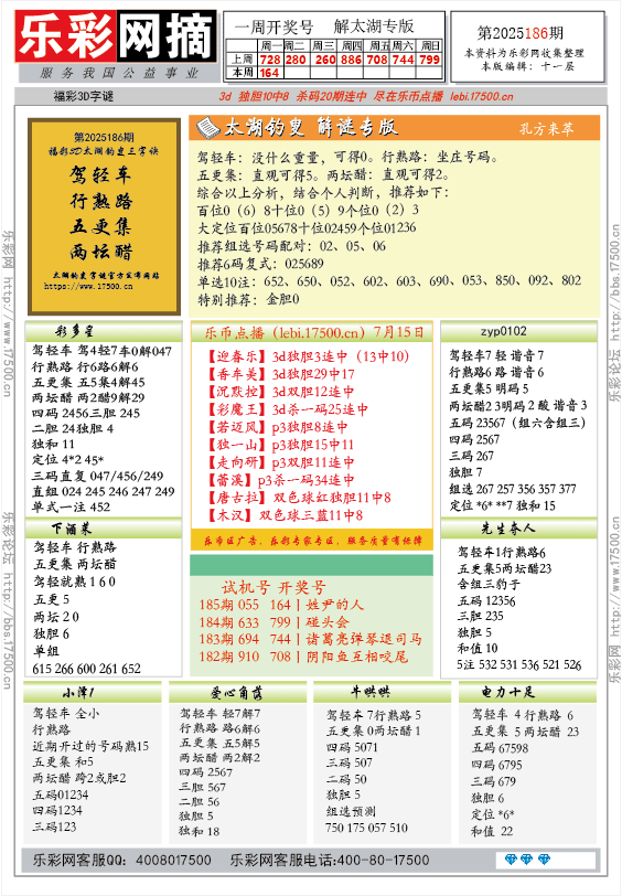 福彩3D第2025186期★字谜总汇★预测★解太湖