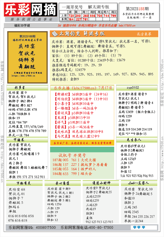 福彩3D第2025188期★字谜总汇★预测★解太湖